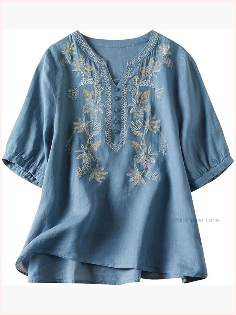 Cotton Linen Embroidery 3/4 Sleeve Button Down Tunic Blouse